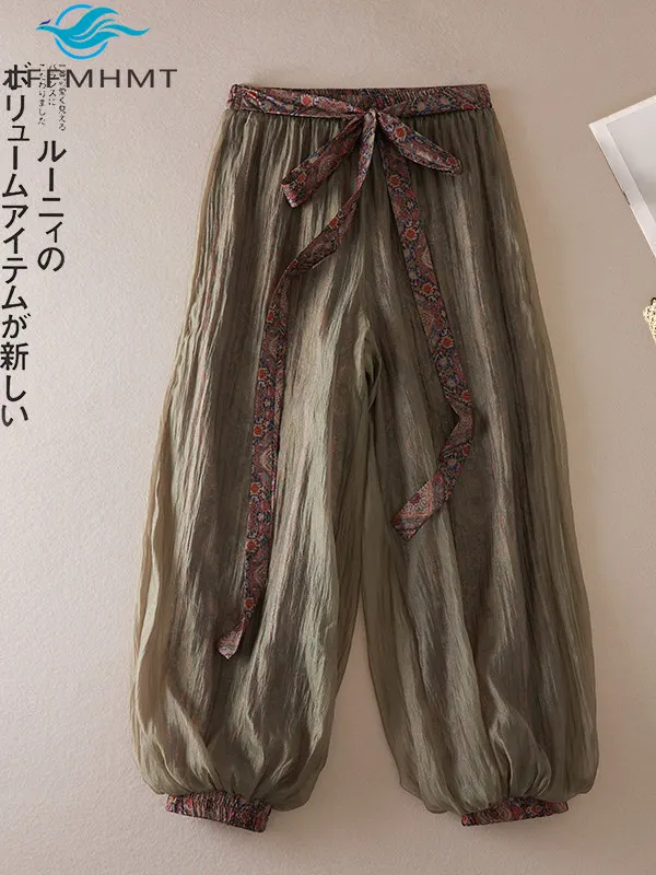 

Женские брюки в стиле бохо с цветочным принтом, льняные, широкие, винтажные, с эластичной талией, мягкие, удобные, летние, модные, повседневные, фасона «фонарики»