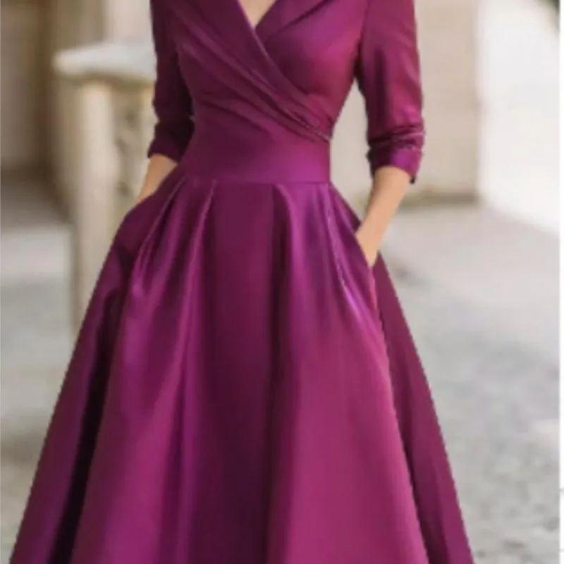 Robe d'invité de mariage élégante pour femmes, col rabattu, taille mi-longue, ligne a, robe de soirée, Cocktail, robes mi-longues en Satin