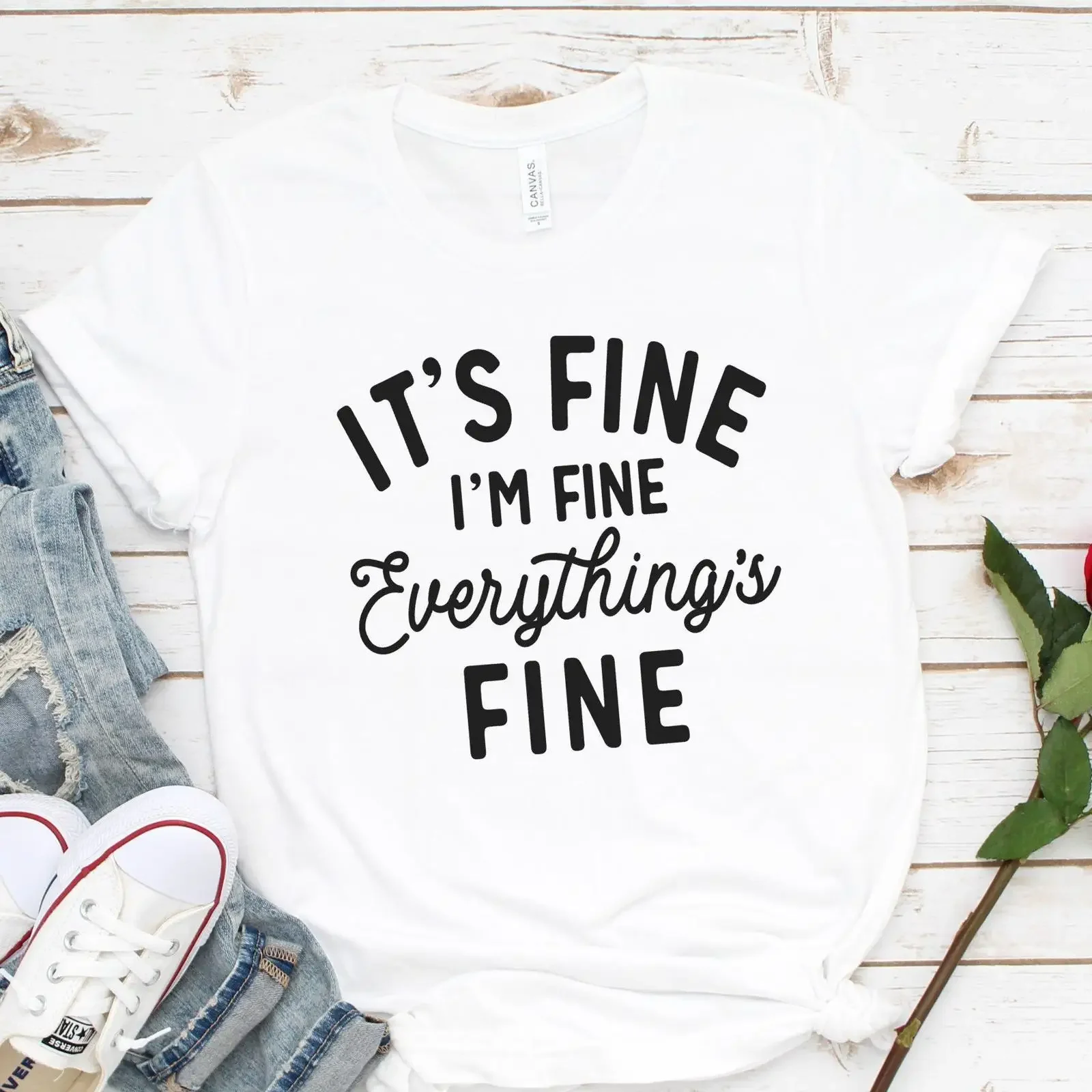 It's Fine I'm Everything's Funny Anxiety T Shirt Casual Introvert Busy Mom  vintage Washed Stretched Versatile streetwear