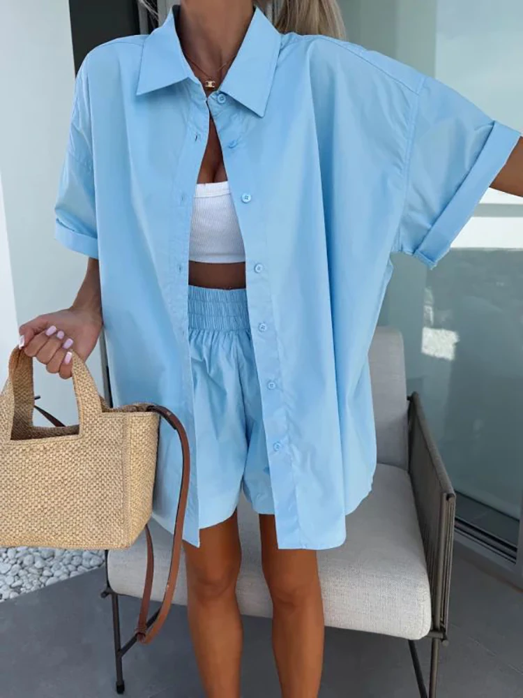 المرأة فضفاضة نصف كم الصلبة قطعتين مجموعة السراويل غير رسمية الشارع ارتداء الإناث مطابقة دعوى الصيف السراويل الزي سيدة أنيقة مجموعة