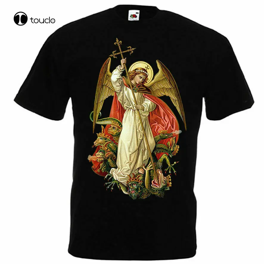 St. Michael The Archangel Destroy Devil. Christian Catholic Statue T-Shirt. Summer Cotton Short Sleeve O-Neck Mens T Shirt New