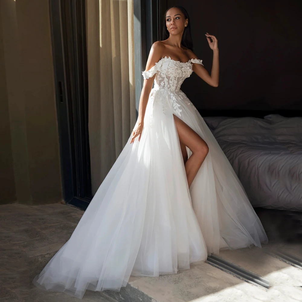 Sexy Off the Shoulder Strapless Wedding Dress 2024 Ladies Sweep Train Backless Appliques Side Slit A-line Corset Bridal Dress