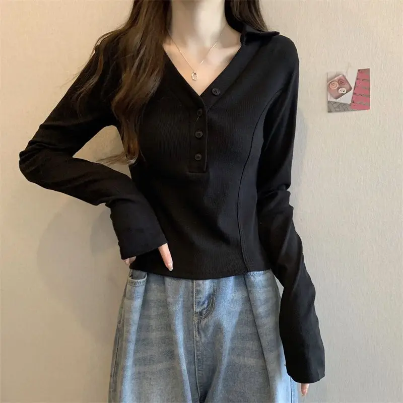 Women's V-Neck Bodycon Slimming Long Sleeve Polo Top Waist Fitted Short Chic Distinctive Tee Spring Fall