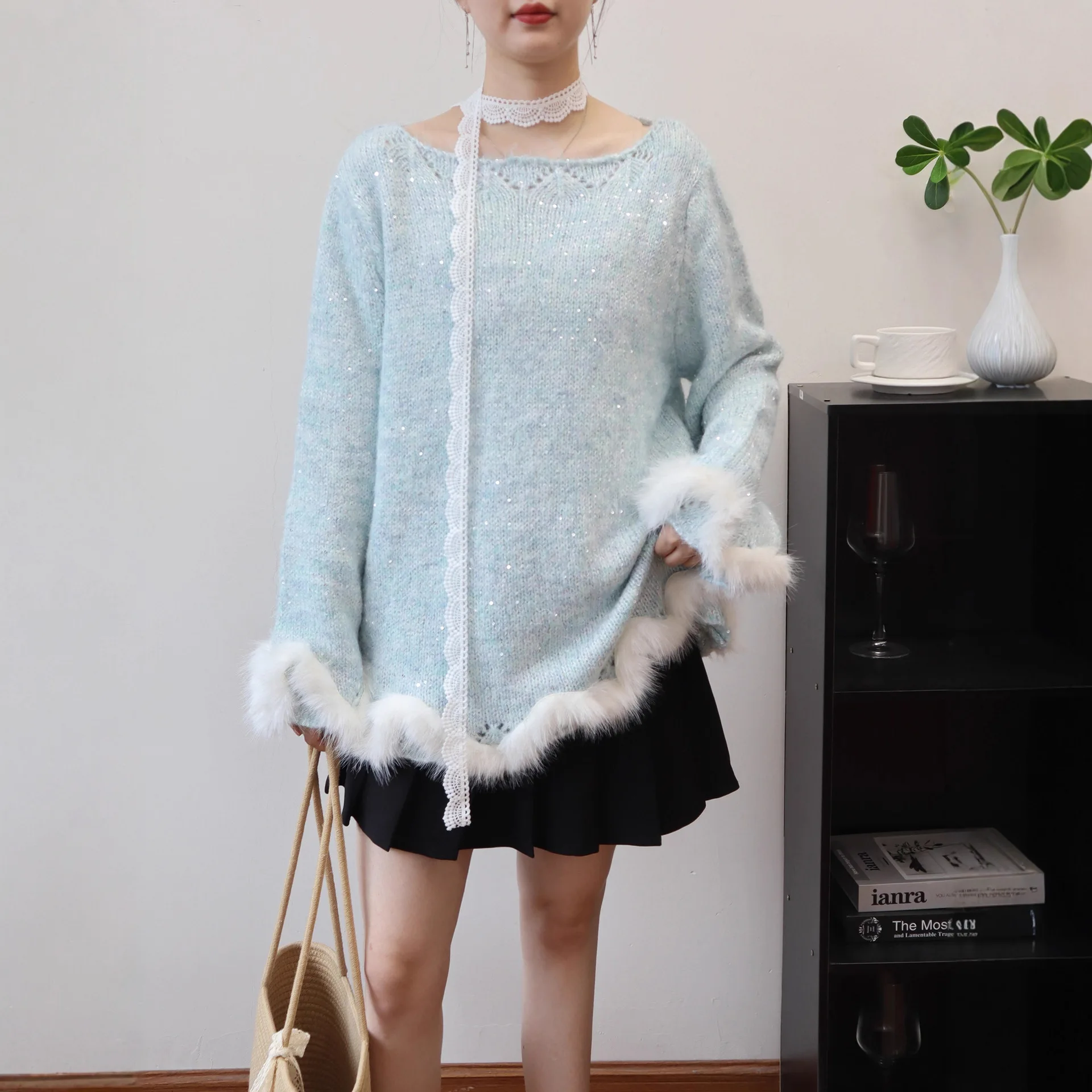 Süße Koreanische Gestrickte Pullover Frauen Herbst Winter Faux Pelz Jumper Weibliche Japanische Kawaii Jumper Vintage Elegante Pullover