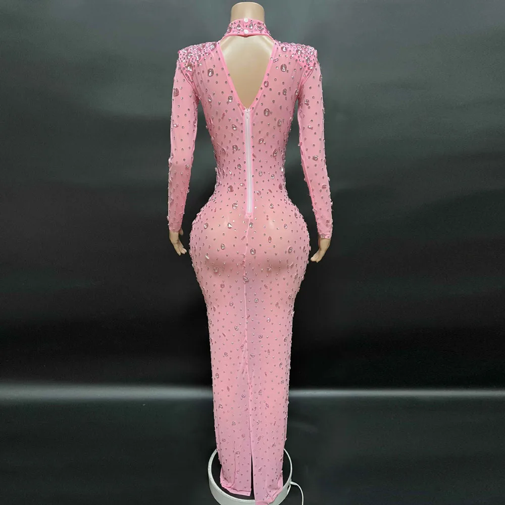 Customized Long Sleeved Rhinestone  Lace  High Elastic Sequins Sexy Tight Dress Birthday Party  Dress Performance Longuette