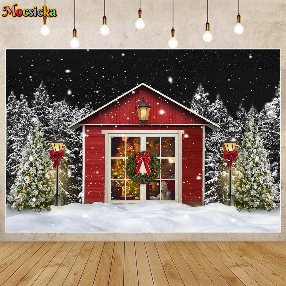 

Mocsicka Winter Christmas Backdrop Red House Snowflied Pine Forest Xmas Kids Photography Background Photo Studio Photocall Props