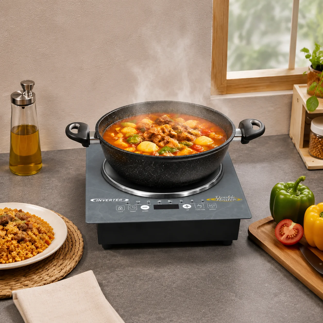 Portable Electric Infrared Wok Cooker with Curved Glass Ceramic Cooktop Fast Heating Kitchen Stove for Home Use