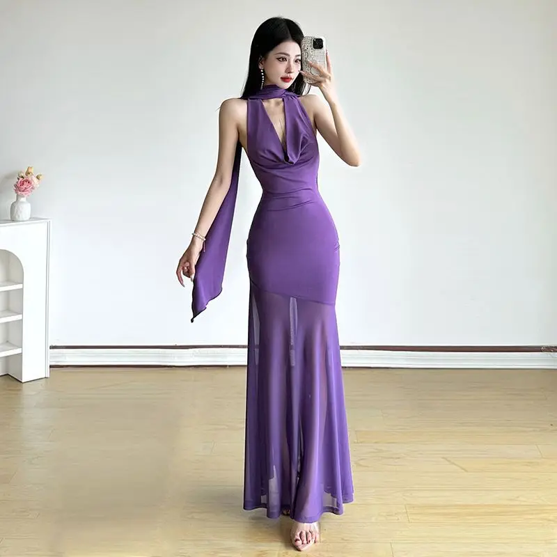 

French Style Purple Mesh Swing Neck Halter Dress Scarf Backless Hot Girl Mermaid Long Dress