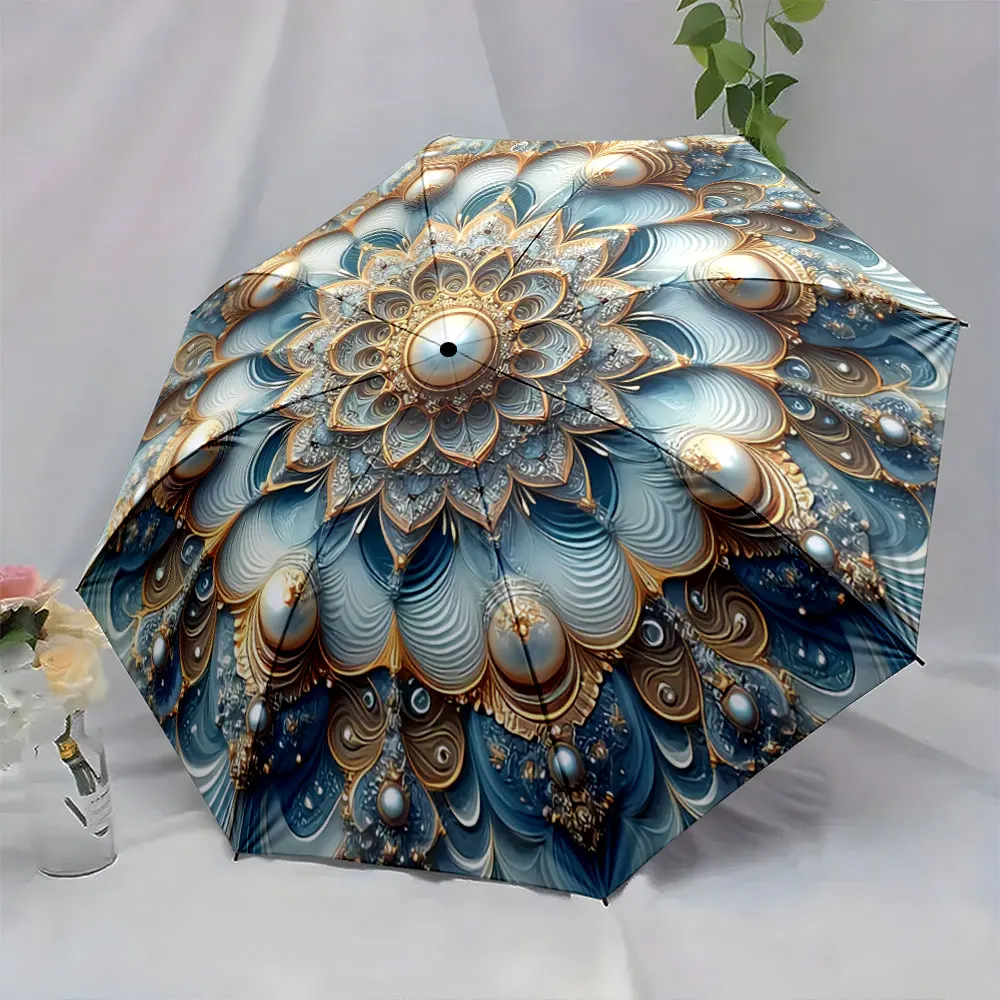Elegant Mandala Design with Gold and Pearl Patterns portable waterproof sun rain umbrella for outdoor travel beach
