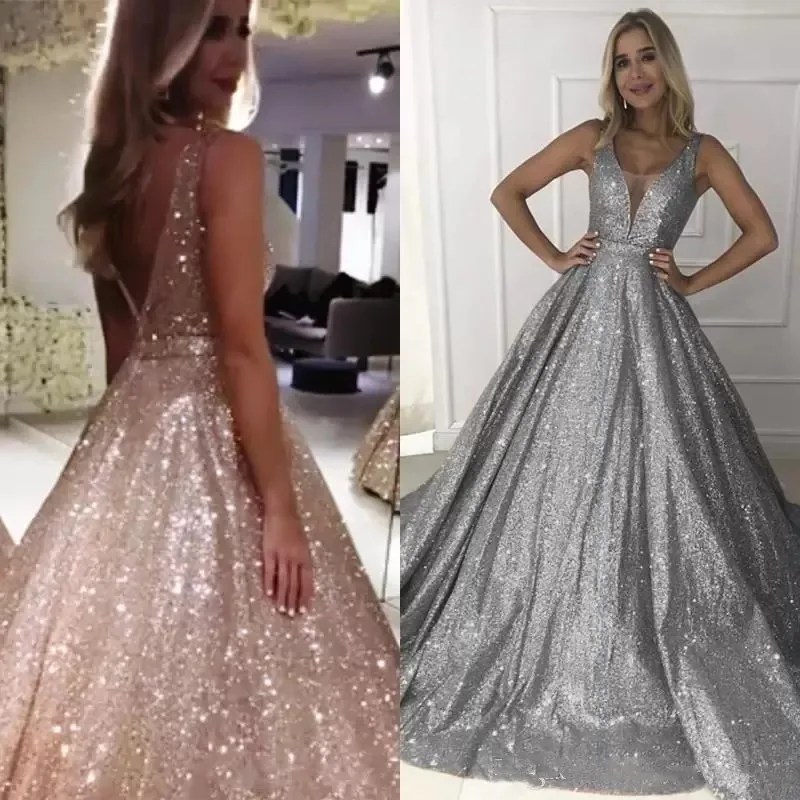 

Gorgeous Rose Gold Sequin A Line Evening Dresses V Neck Sparkling Backless Formal Dress Prom Party Gowns Robe De Soiree Vestidos