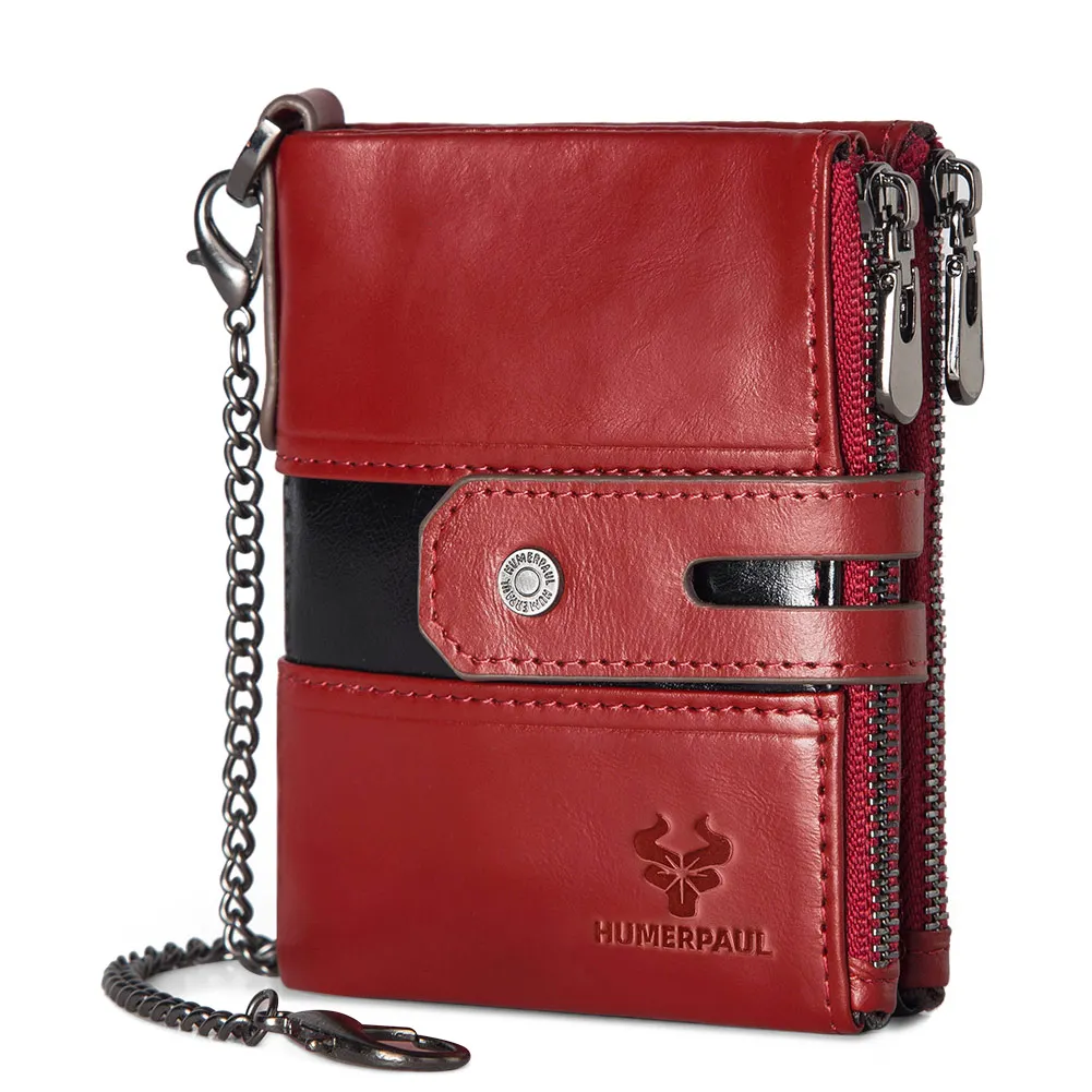 KAVIS 100%Genuine Leather Wallet For Men Original Super Value Senior Card Holder Purse With Chain Durable Zipper Coin Purse RFID
