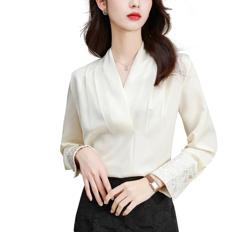 Women's Chinese Style Satin Shirt, Silk Vintage Blouses, Solid Clothing, Loose, Spring, Summer, V-Neck Women Tops