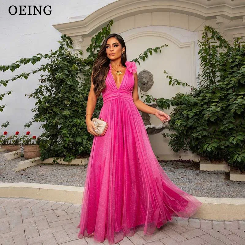 OEING Elegant Hot Pink Long Evening Dresses Deep V Neck Organza Simple 3D Flowers Suspender Prom Gowns Formal Party Dress