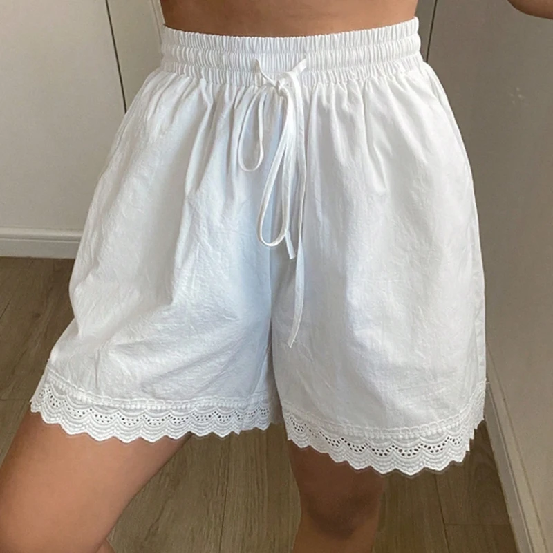 Pantalones cortos holgados con dobladillo con ojales, pantalones cortos informales de cintura alta elásticos para mujer, ropa de dormir de verano, pantalones cortos Vintage de los años 90, pijamas