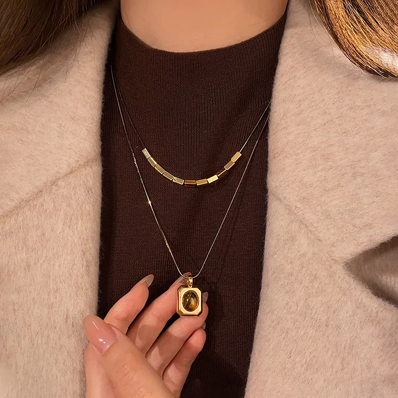 Schwarzgoldfarbene Doppelschichtige Tigerauge-Stein-Anhängerkette für Damen, Herbst-/Winter-Pulloverkette, Schmuckzubehör-Set – Detail 3