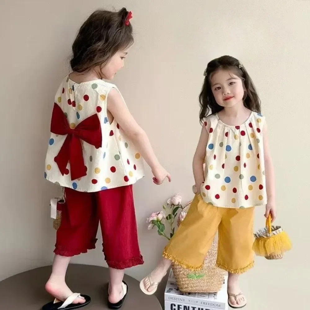 النسخة الكورية أزياء الفتيات دعوى موجة نقطة القوس سترة + الدانتيل مستقيم الساق السراويل قطعتين مجموعة ملابس الأطفال صيف جديد #1