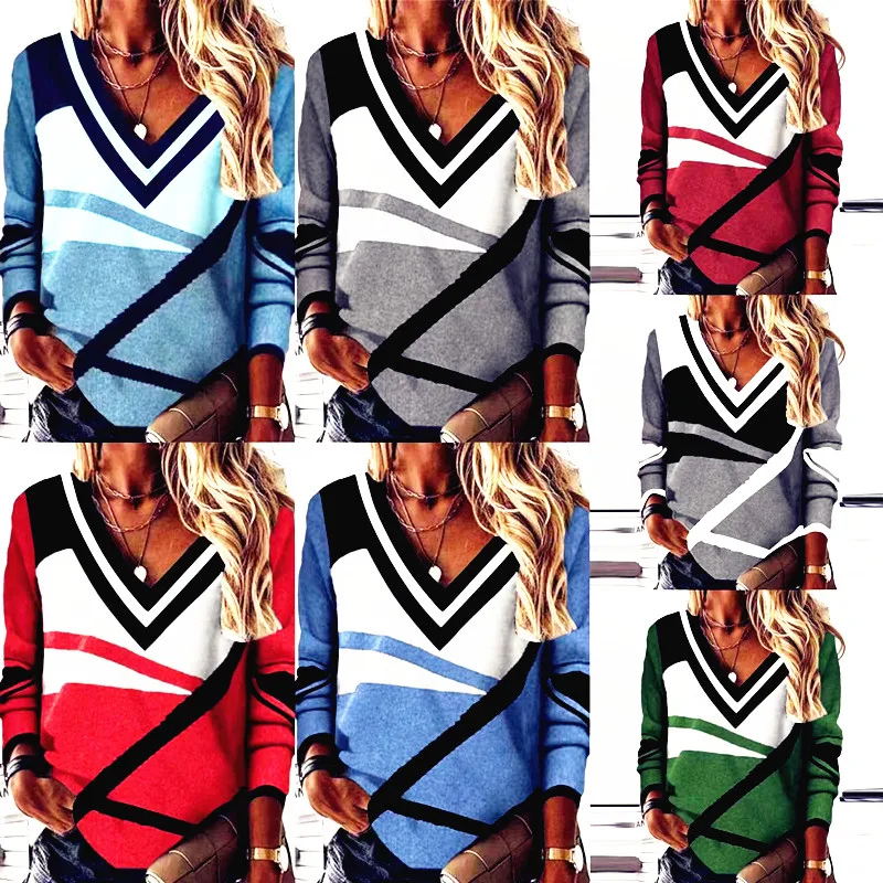 2023 contraste géométrique Long Sve imprimé lâche t-shirt bouton détail automne Faion femmes Dr Sli tenue décontracté
