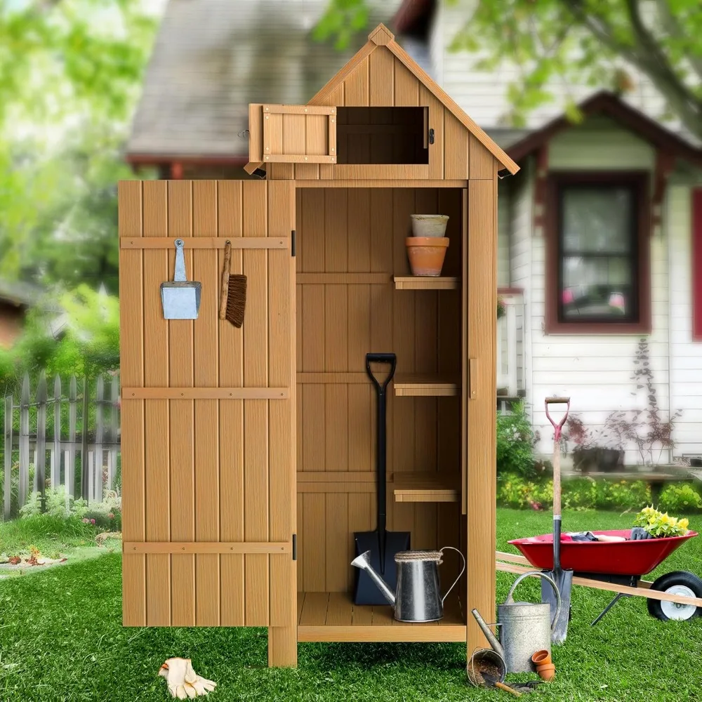 

Outdoor Storage Shed with Floor, Wooden Garden Tool Storage Cabinet, 70” Tall Water-Resistant Outhouse Kit for Deck