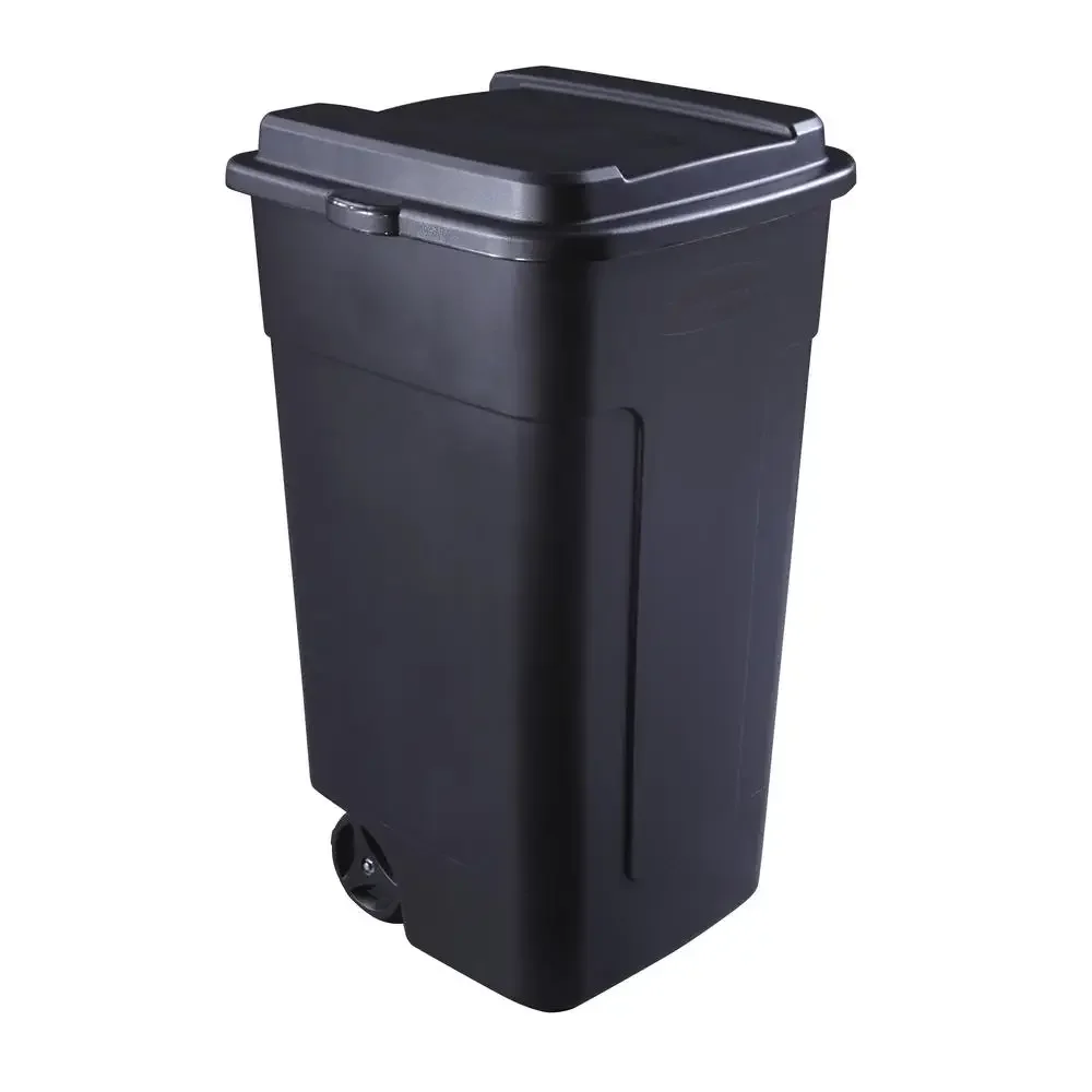

50 Gallon Wheeled Plastic Garbage Trash Can Home or Business Durable Shatterproof Snap-fit Lid Easy Transportation Black