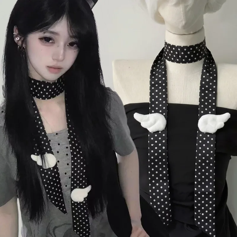 Polka Dot Black Scarf Women Korean Style Plush Wing Charms Headband Long Ribbon Hair Band Retro Satin Neckerchief Bag Accessory