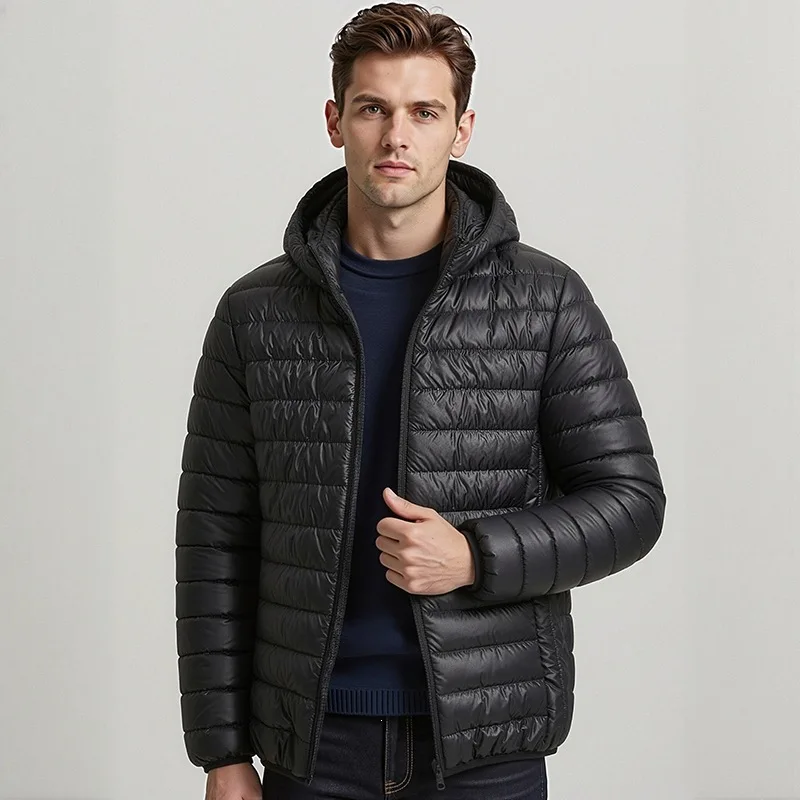European Fashion Men Black Solid Color Loose Simple Basic Casual Daily Long Sleeve Hooded Parkas Male Autumn Winter Jackets Coat