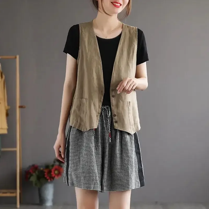 Vintage Cotton Vest Spring Summer Sleeveless Jacket Chic Korean Women Coat Buttons Outerwear Cardigan Plus Size