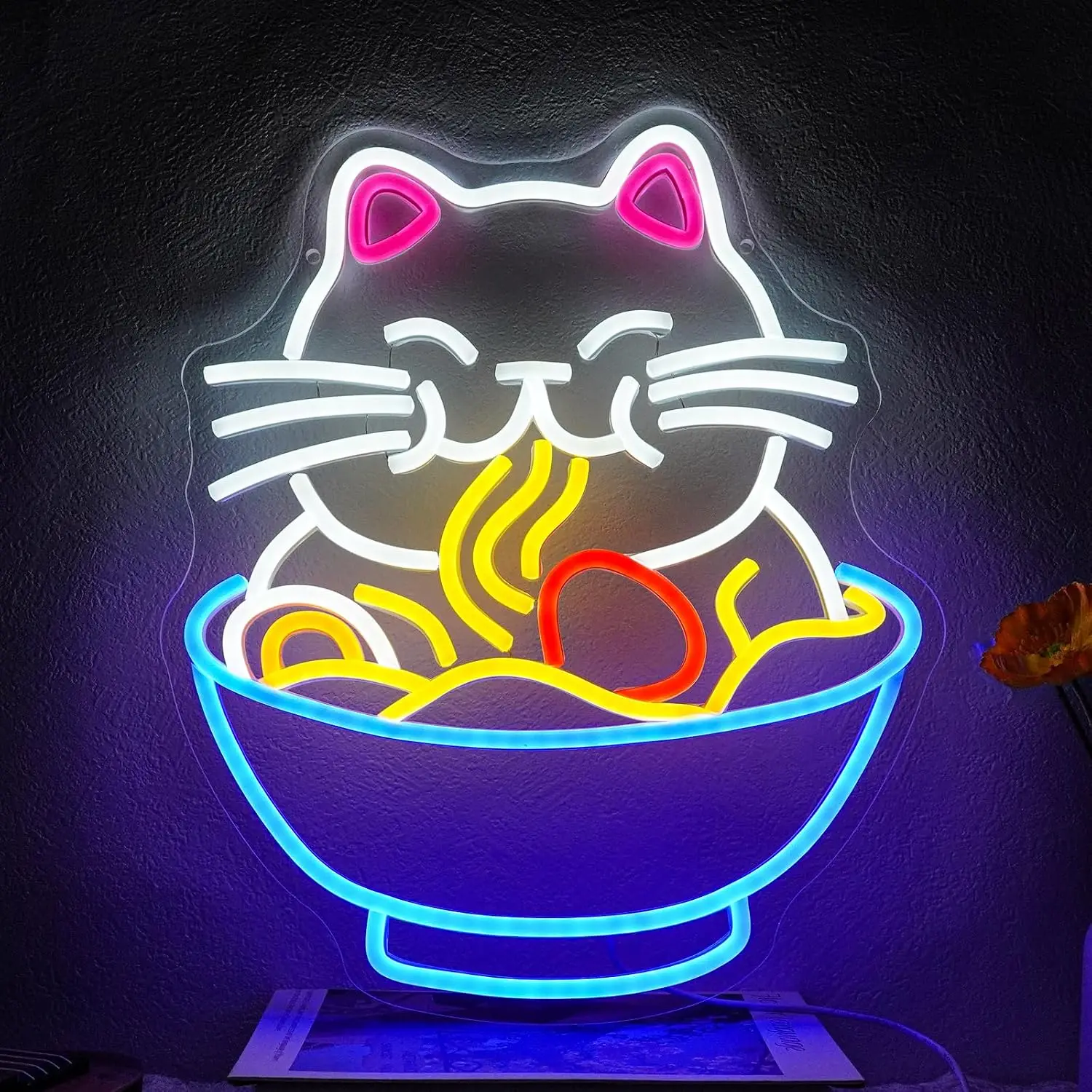 Cute Cartoon Cat Eating Ramen LED Neon Sign USB Neon Light Lamp For Restaurant Cafe Bar Bedroom Food Shop Wall Decor Gift