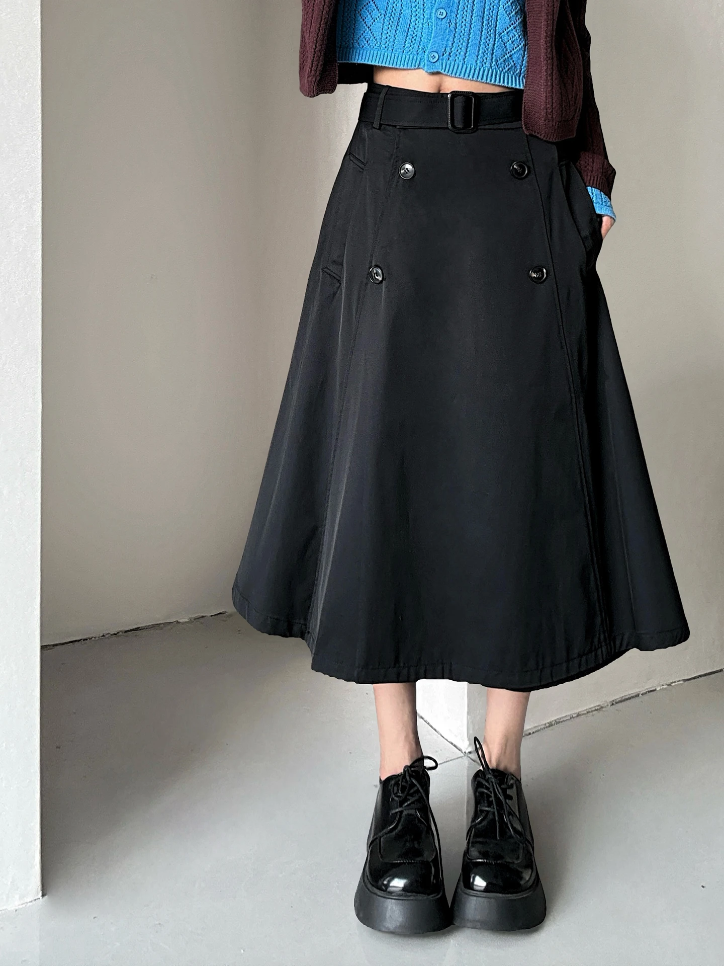 MianCun Simple British Style Casual A-Line Umbrella Skirt High Waist Slim Fit Midi Skirt Double Button Polyester Cotton Blend