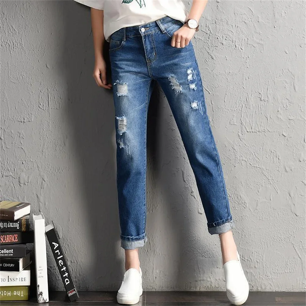 2024 New Women Fashion Mid Waist Boyfriend Big Ripped Hole Jeans Casual High Street Denim Pants Sexy Vintage Pencil Calca Jeans