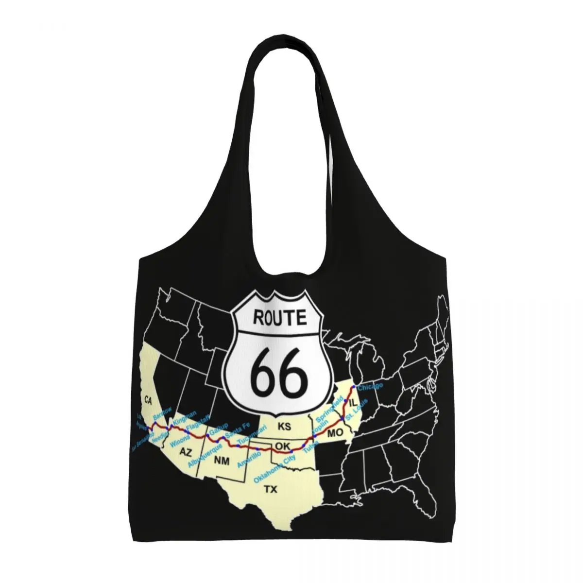 Funny Print Route 66 Map Shopping Tote Bag Durable Canvas Shoulder Shopper USA Highways Bags Photographer Handbag