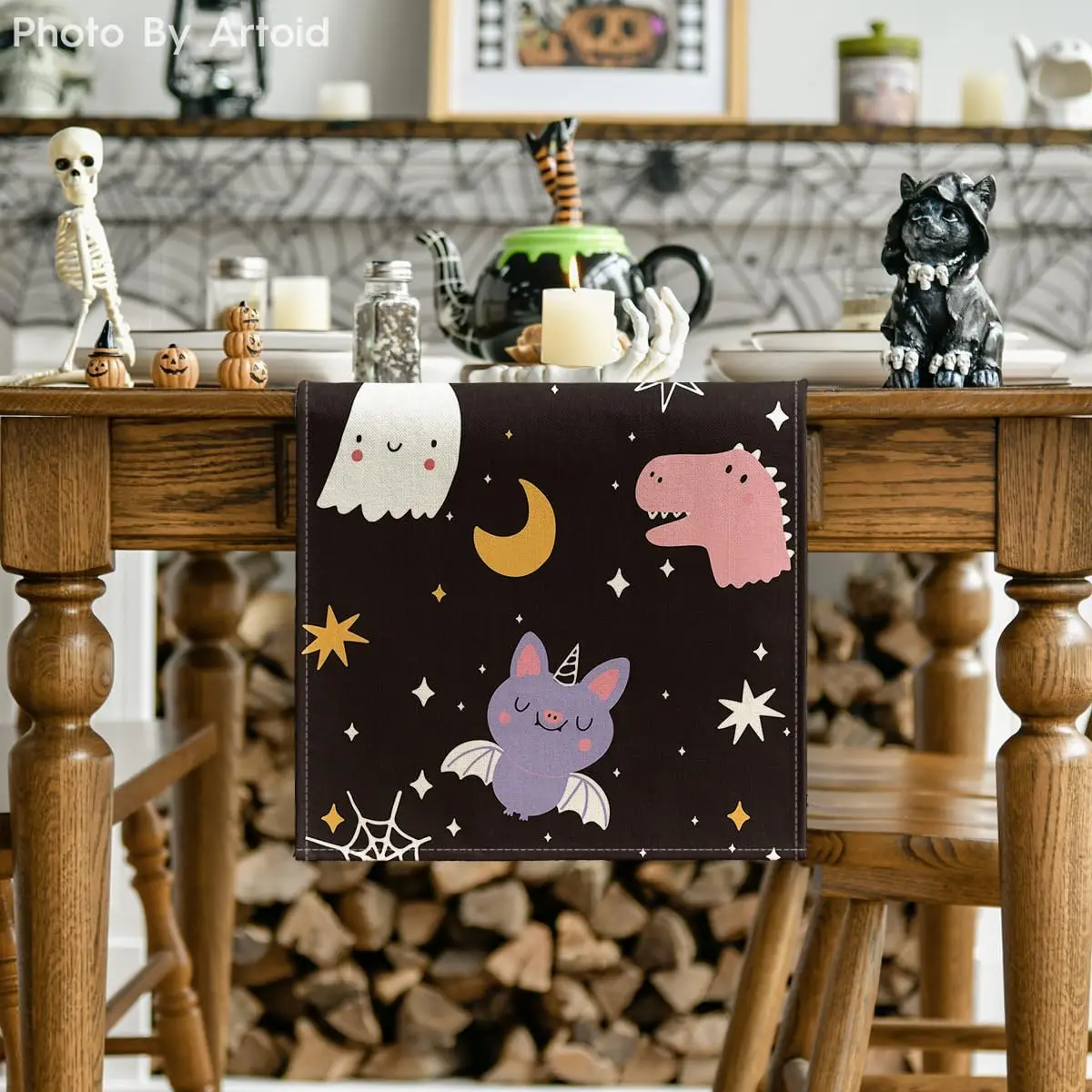 Black Ghost Spider Web Moon Bat Spooky Halloween Table Runner Birthday Baby Shower Kitchen Dining Table Home Party Decoration