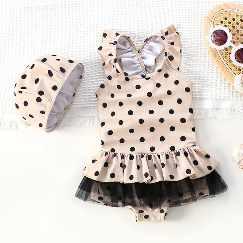 2-8T Polka Dot Infant Girls Swimwear Summer Kid Swim Clothe Set Sleeveless Bodysuit Quick-dry Sunscreen Swimsuit Outfit