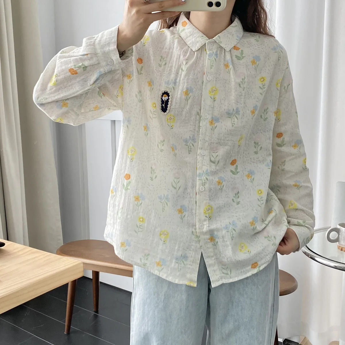 New Autumn Cotton Printed Sweet Shirts Women Lapel Collar Top Girl Long Sleeve Rural Style Fashion Blouses 2024 Spring T41246QC
