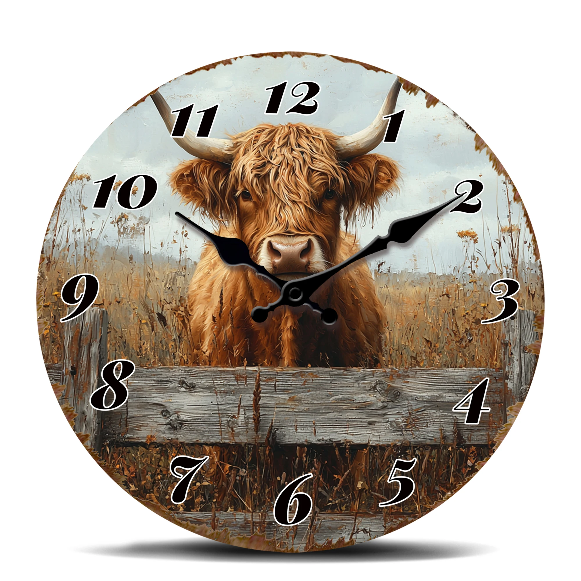 Countryside Highland Cow Wall Clock, Rustic Field Scene Design, Silent Quartz Analog Farm Decor Clock