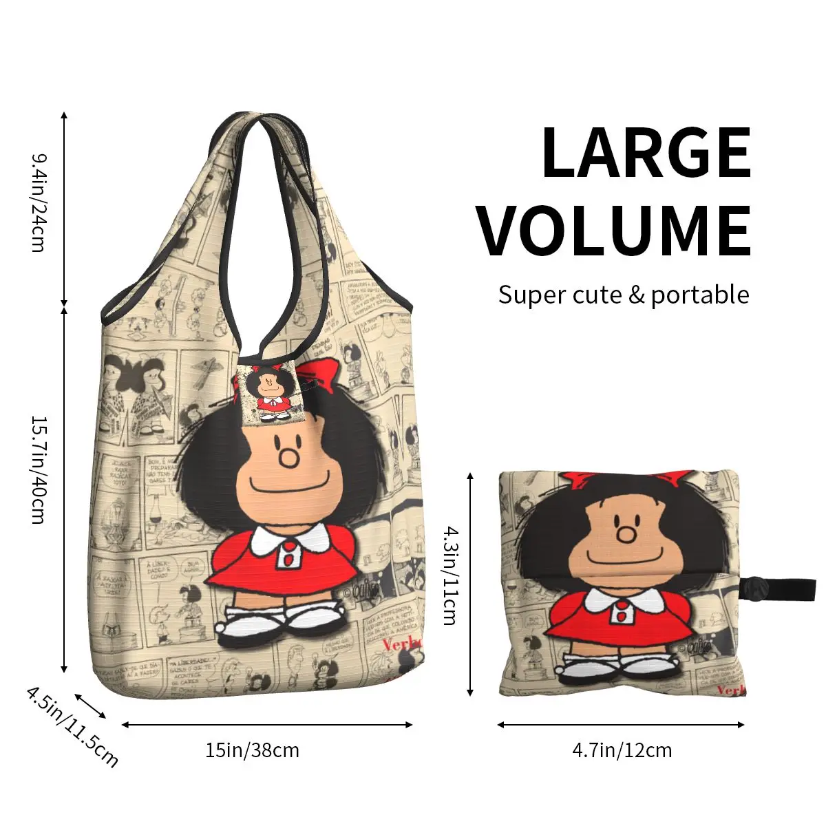 Custom Vintage Mafalda Manga Grocery Shopping Bags Shopper Tote Shoulder Bags Big Capacity Portable Quino Comic Cartoon Handbag