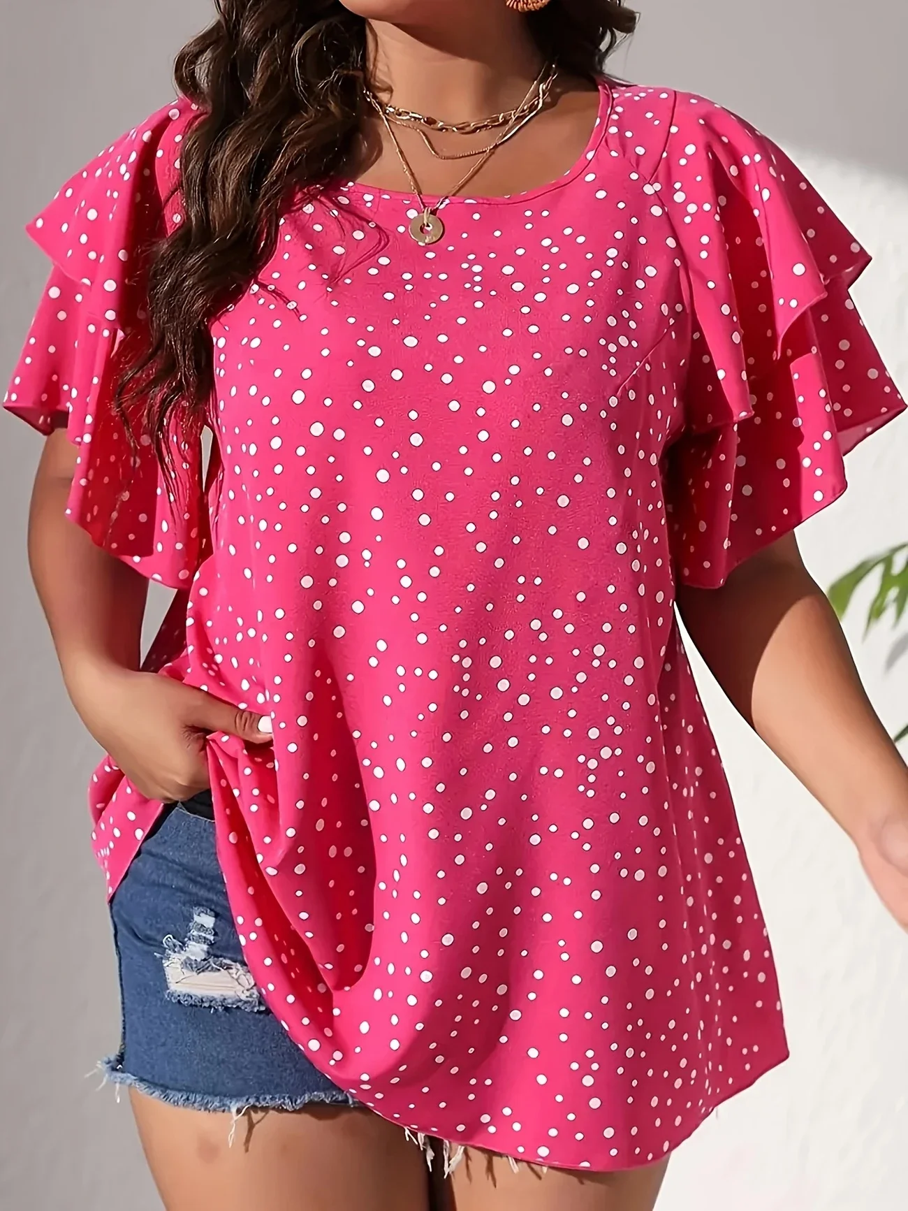 Plus Size 1XL-5XL Women's  Elegant V-Neck Blouse  Vibrant Pink & White Polka Dot Print Ladies Casual Short Sleeve T-shirt Tops