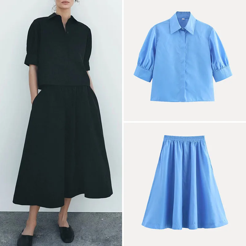 

Z Women's Faion Set 2025 Spring ort Sve Turn-down Collar irt Midi Skirt High Waist Polyester Fiber