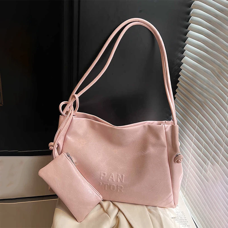 

Женские сумки на плечо из мягкой кожи, однотонная большая вместительная сумка с застежкой для подмышек и портмоне, женская пригородная сумка