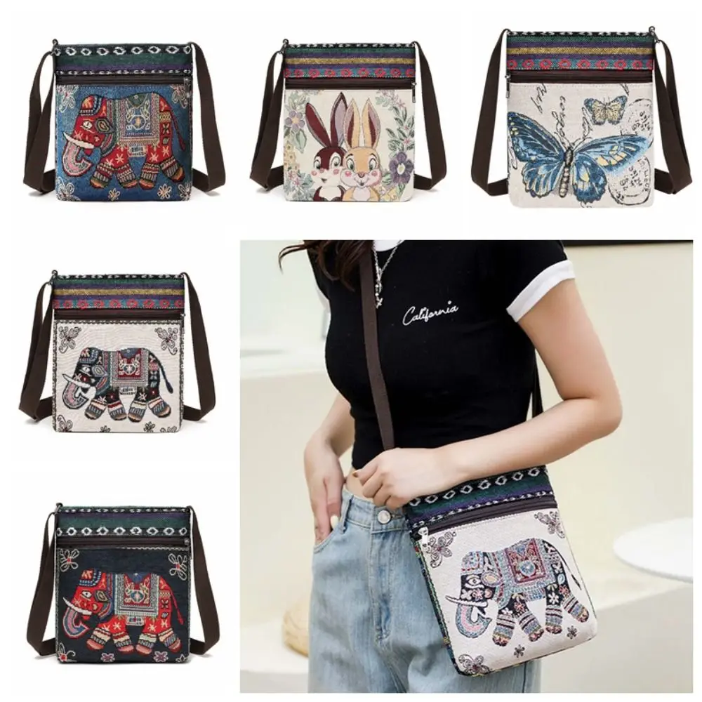 Konijn Etnische Stijl Crossbody Tas Grote Capaciteit Vlinder Schattige Olifant Doek Tas Canvas Borduurwerk Dier Schoudertas