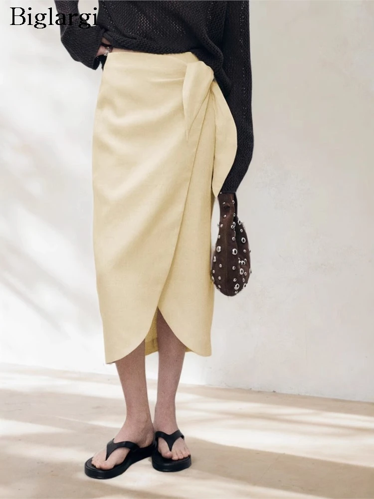 

Summer Midi Irregular Skirt Women Pleated Bow Slim High Waist Ladies Skirts Fashion Loose Woman Skirt