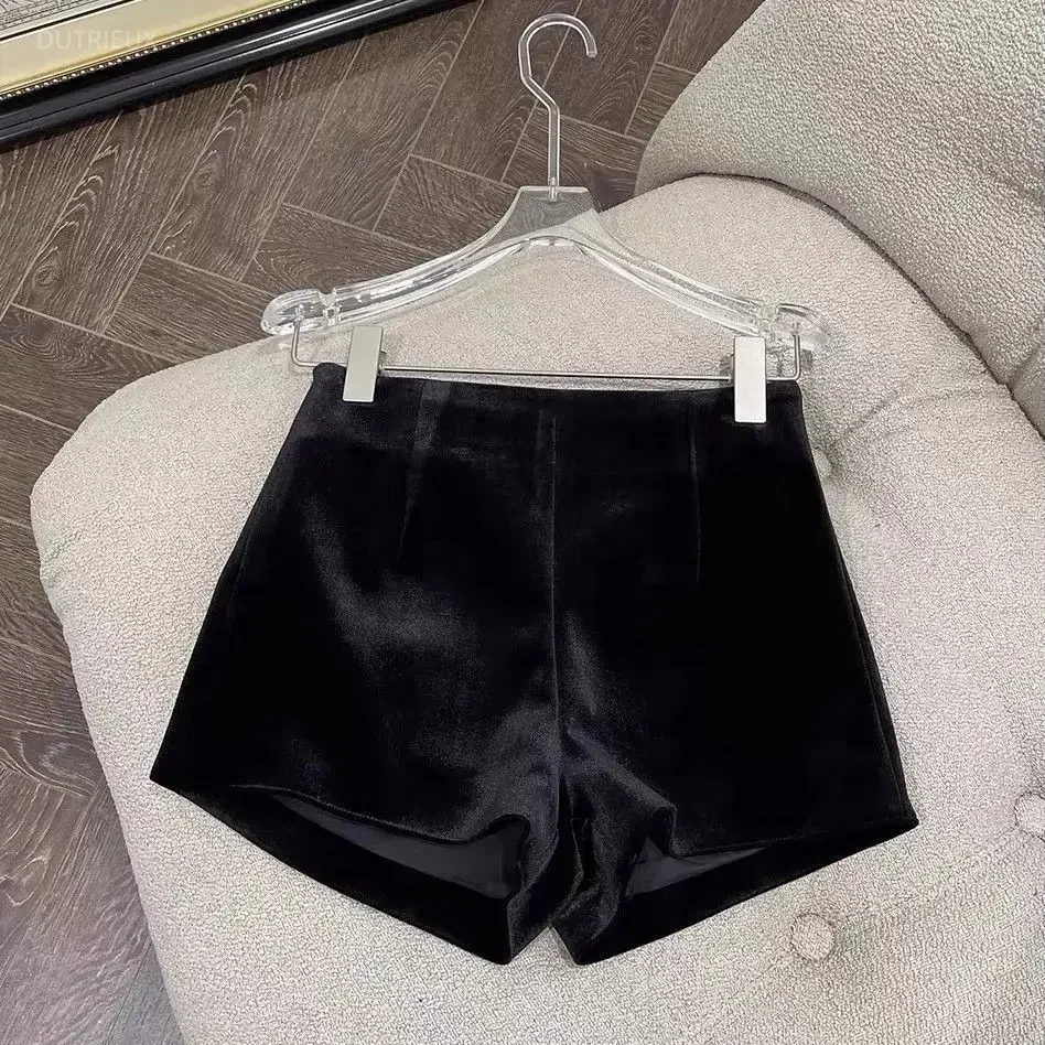 Wide Leg Black Velvet Shorts Pantalones Cortos De Mujer Shorts Feminino Femme Autumn Winter Ropa Mujer High Waisted