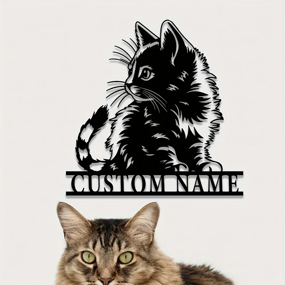 Custom Art Deco Cat - Themed Metal Surname Sign in Black Wrought Iron Personalized Reusable Pre - Pasted Detachable Wall Decor