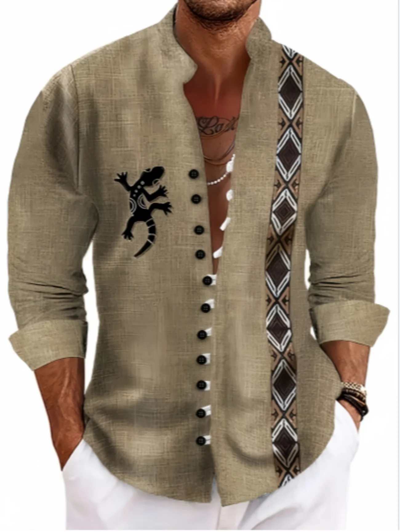 新しいメンズリネン半袖シャツ、ファッショナブル、レトロスタイル、エスニックトーテムプリント、快適で通気性のある、メンズトップ