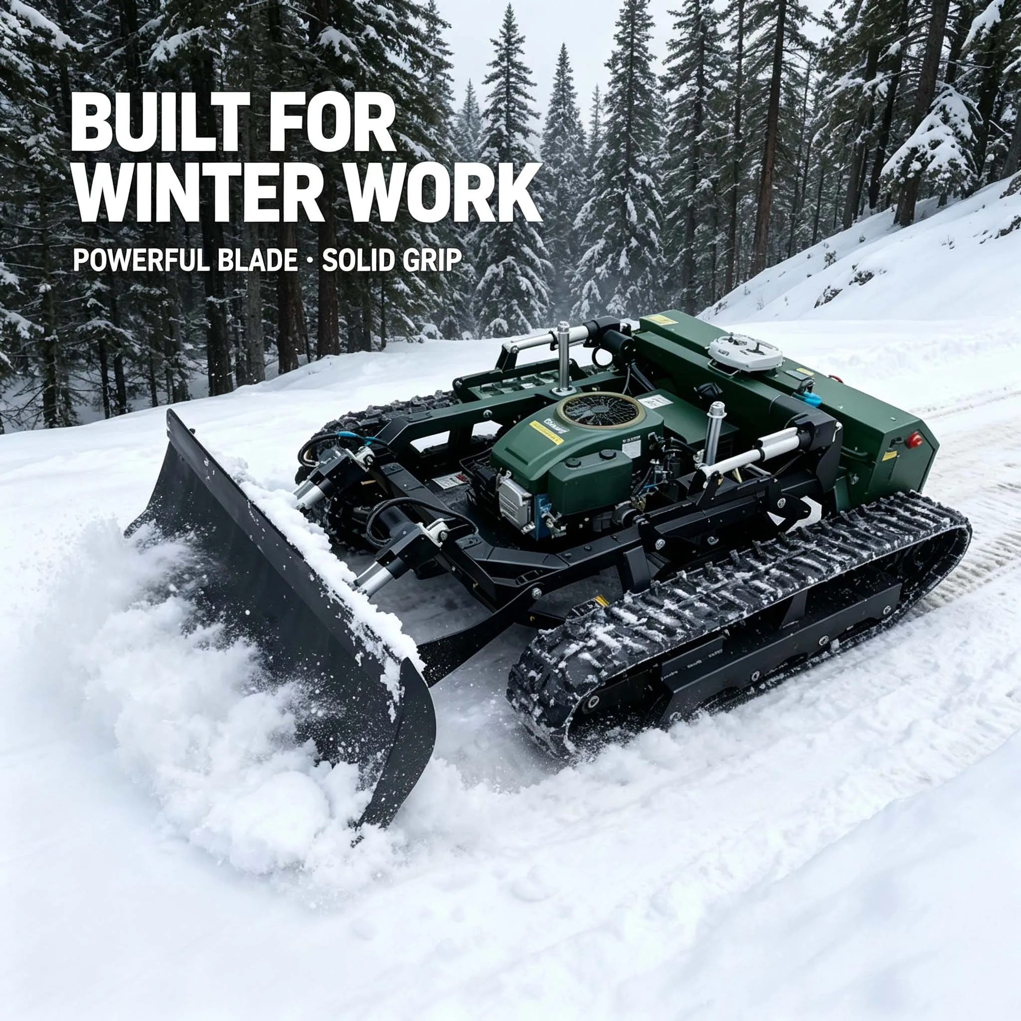 SAAO Remote Control Crawler Lawn Mower with Snow Plow Attachment 2 in 1 Grass Cutting and Snow Clearing Machine