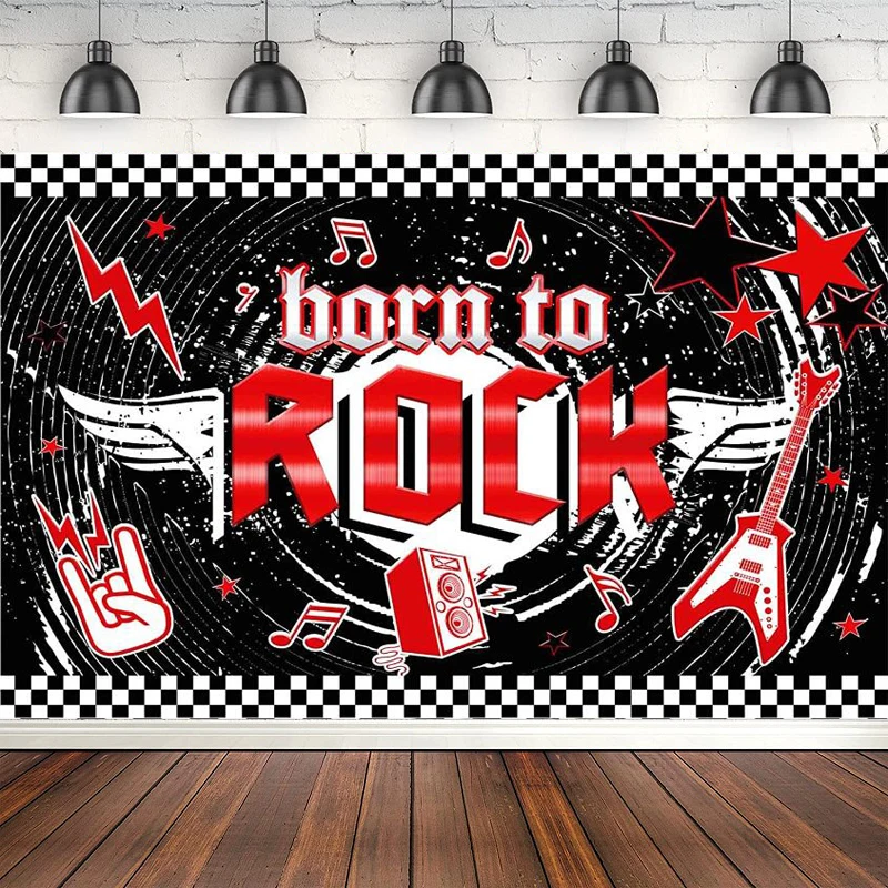 Born To Rock Photography Backdrop 1950's Rock And Roll Birthday Rock Star Music Party Black And Red Background Cake Table Decor