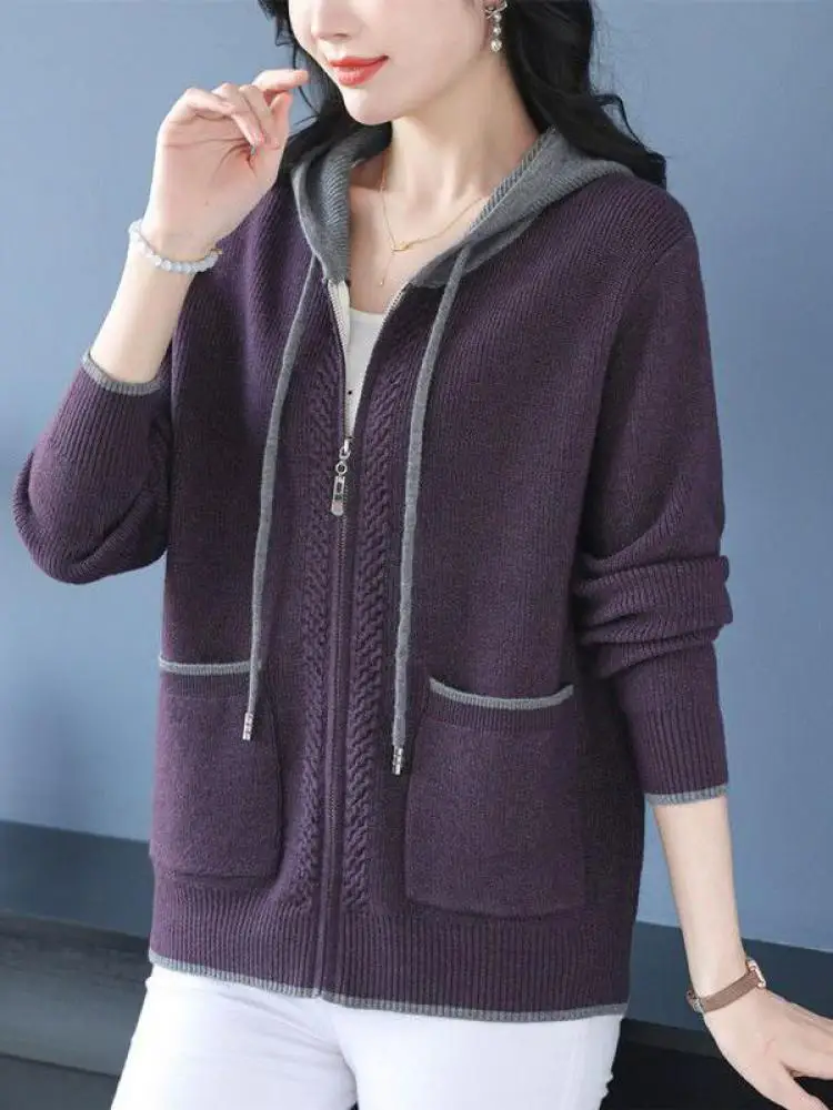 

Korean Fashion 2025 Women's Red Grey Purple Patchwork Versatile Hooded Sweater Autumn Winter Long Sleeve Zipper Knit Tops Trendy