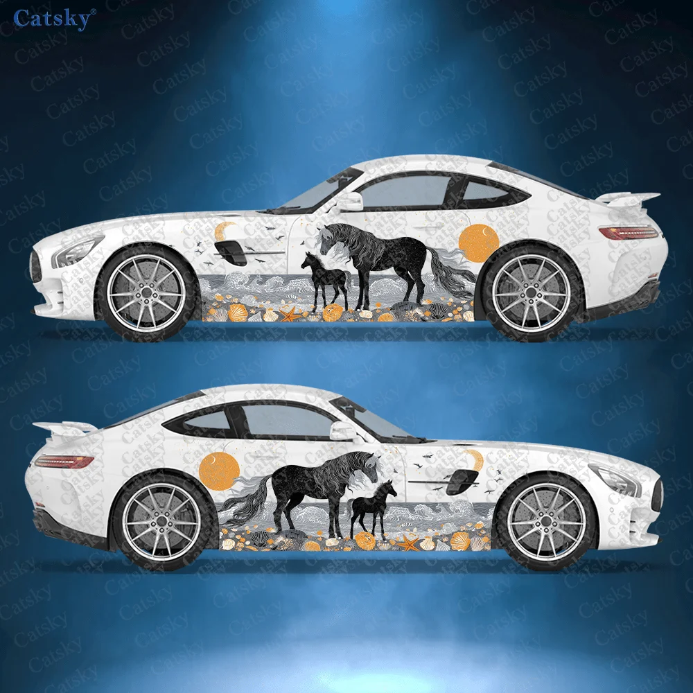 2개입 해변 다크 호스 자동차 비닐 랩, PVC 소재 방수 사이드 카 스티커, 자가 접착 스크래치 방지 스티커