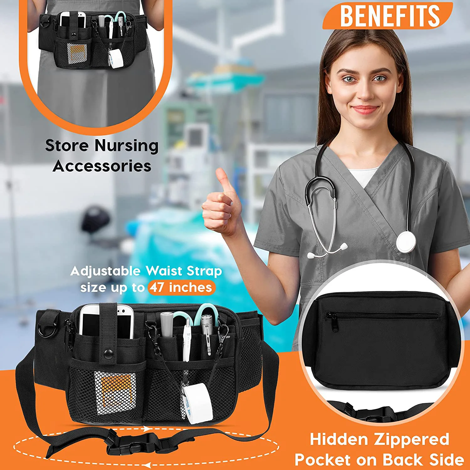 Heavy Duty Oxford Nurse Waist Bag with Adjustable Strap - Medical Tools Organization Pouch for Doctors Unisex Work Utility Belt