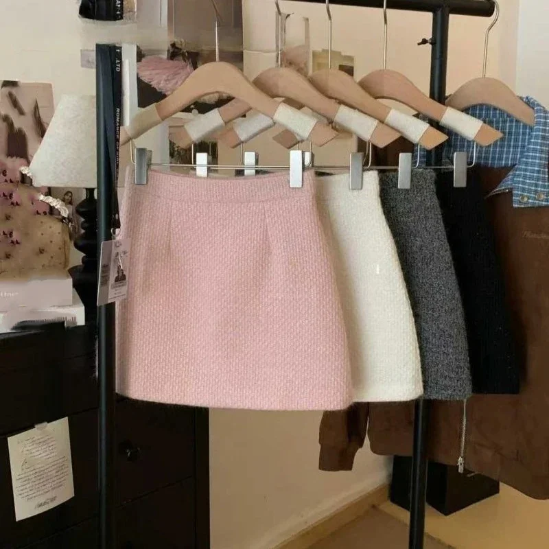 

Шерстяные юбки для женщин, однотонные трапециевидные милые с высокой талией Faldas Mujer, осень-зима, корейская мода, элегантная мини-юбка