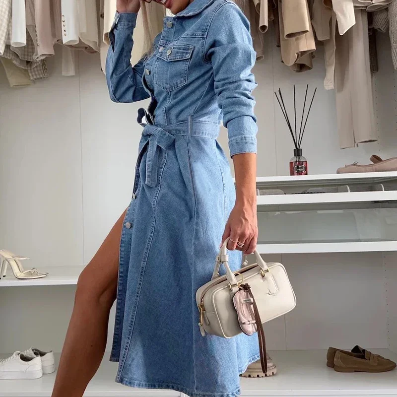 LIBIELIY Frauen Kausalen Langarm Solide Schlank Midi Kleid Mode Hight Taille Tasche Shirts Kleid Elegante Revers Taste Spitze-up De